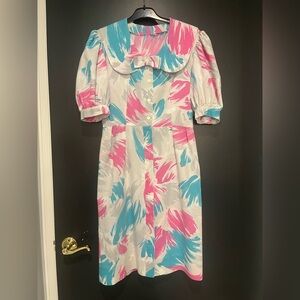 Vintage 80s Button Down Dress with Blue and Pink Design and Puff Sleeves